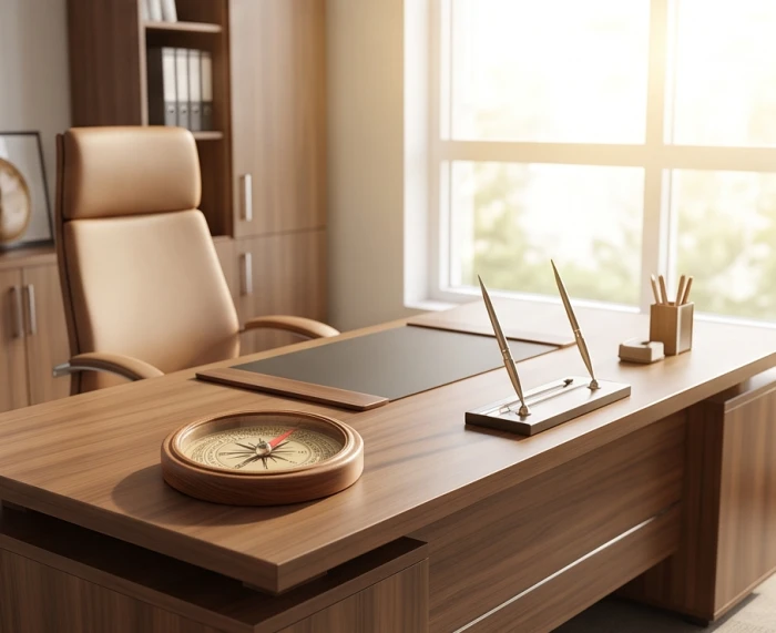 Bàn làm việc gỗ quay về hướng vượng khí cùng số hiển thị may mắn hành Thổ và Kim của tuổi Nhâm Dần 1962