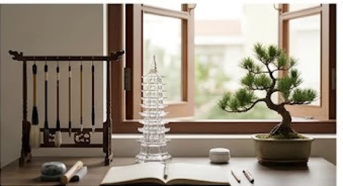Góc học tập gọn gàng với cây bonsai tùng bách và tháp văn xương thủy tinh hỗ trợ trí tuệ cho tuổi Tân Mão