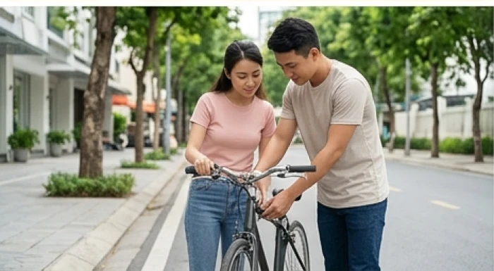 Chàng trai chu đáo đang tận tình hỗ trợ và sửa chữa xe giúp bạn gái trên đường phố thoáng đãng