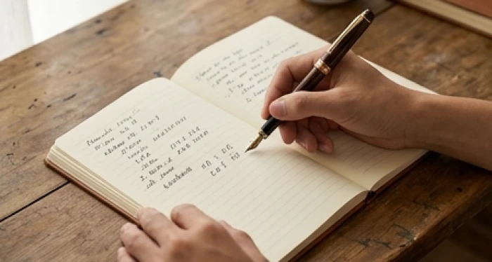 Bàn tay cầm bút ghi chép từng bước cộng dồn các chữ số năm sinh dương lịch trên sổ tay phong thủy