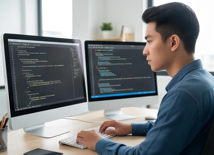 Học sinh đam mê công nghệ thông tin và kỹ thuật phần mềm đang tập trung lập trình trên máy tính