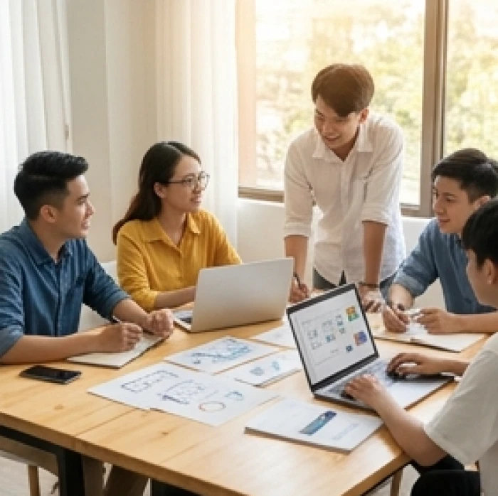 Nhóm học sinh và cộng sự trẻ cùng nhau thảo luận ý tưởng sáng tạo trong không gian làm việc chung chuyên nghiệp