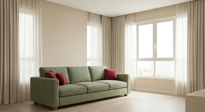Phòng khách áp dụng công thức phối màu tường màu kem sofa màu xanh lá và gối tựa màu đỏ điểm nhấn