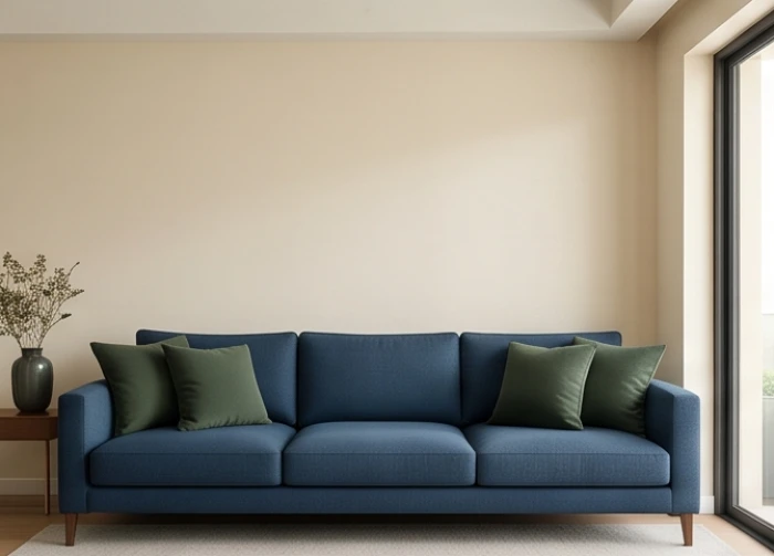 Phòng khách chuẩn công thức phối màu 60-30-10 với tường kem mờ cùng sofa xanh dương và gối tựa đen hợp tuổi 1972
