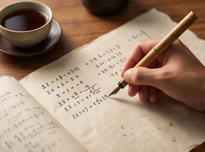 Bàn tay cầm bút nhẩm tính các bước chia lấy dư trên một tờ giấy xuyến chỉ trắng