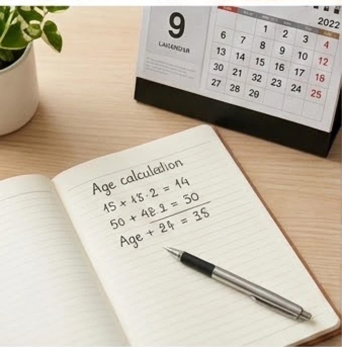 Sổ tay ghi chép phép tính tuổi âm lịch và cây bút mực đặt cạnh cuốn lịch để bàn, thể hiện sự cẩn thận khi đối chiếu tuổi tác