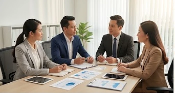 Doanh nhân tuổi Ngọ thảo luận kế hoạch kinh doanh tận dụng cục diện Nhị Hợp trong tử vi tuổi ngọ năm 2027