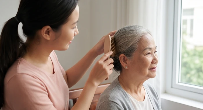 Cụ bà Canh Thìn cung Ly mỉm cười nhẹ nhõm khi được con cháu mệnh Mộc ôn hòa chải tóc và chăm sóc trong phòng