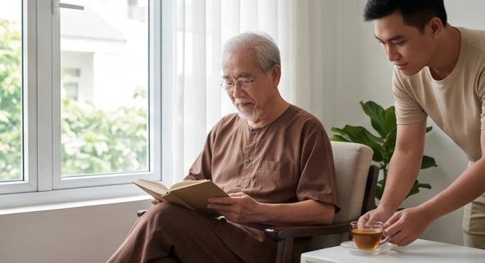 Cụ ông Canh Thìn cung Càn mẫu mực ngồi đọc báo và được người thân mệnh Thổ chăm sóc ân cần bên hiên nhà