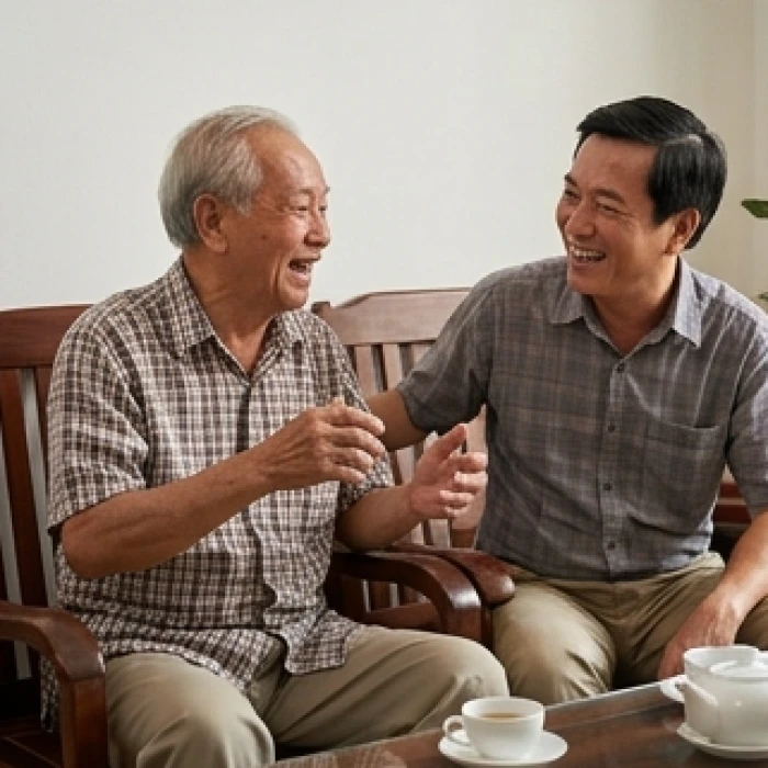 Cụ ông với ánh mắt tự hào đang vui vẻ kể chuyện quá khứ cho người con trai bên chén trà nóng