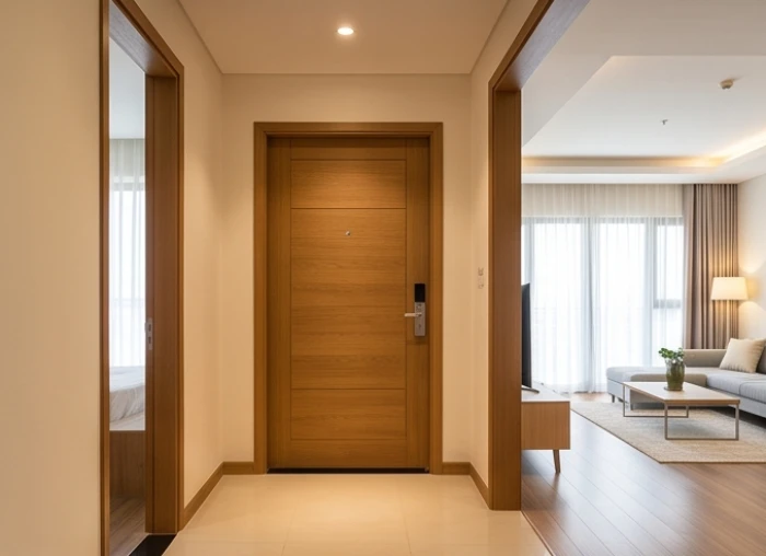 Khu vực sảnh cửa chính gỗ tự nhiên của căn hộ chung cư cao cấp tràn ngập vượng khí mở ra hướng Đông Nam