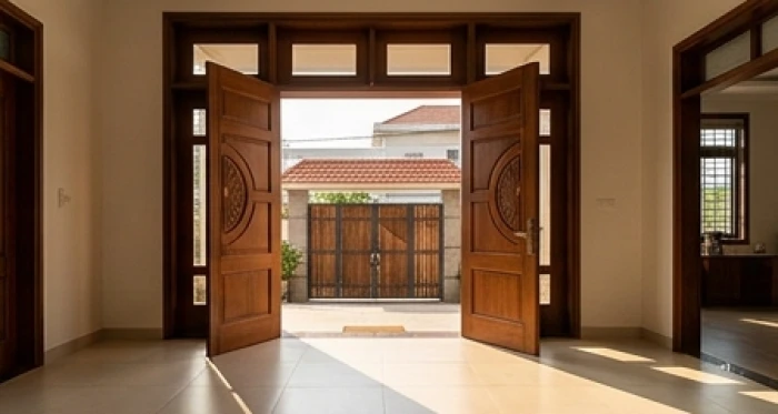 Cửa chính ngôi nhà mở rộng đón ánh nắng tự nhiên ấm áp vào buổi chiều mang lại sinh khí dồi dào