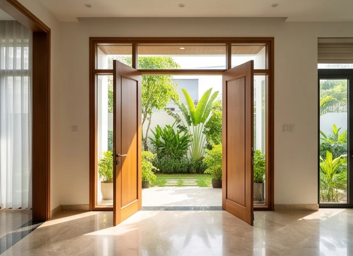 Khu vực cửa chính gỗ tự nhiên mở rộng hướng ra sân vườn đón luồng cát khí sinh khí cho gia đình