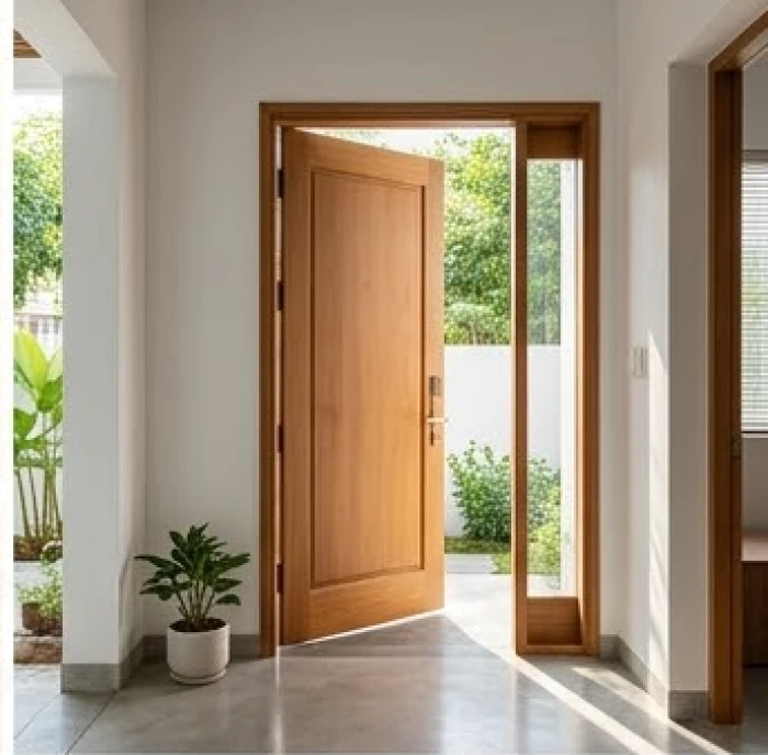 Khu vực cửa chính bằng gỗ của ngôi nhà mở rộng về phía Đông Nam để đón gió và sinh khí rực rỡ.