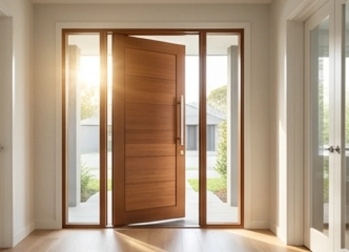 Cánh cửa chính bằng gỗ mở ra đón ánh nắng sáng rực rỡ từ hướng Đông Nam