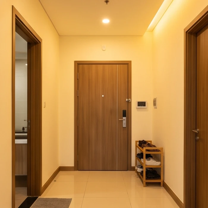 Sảnh đón khách cửa chính hướng Đông Nam thắp sáng ánh đèn vàng ấm áp đón khí Diên Niên