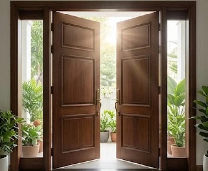 Cổng và cửa chính nhà gỗ hiện đại mở hướng Nam đón vượng khí và ánh sáng tự nhiên cho gia chủ tuổi 1952