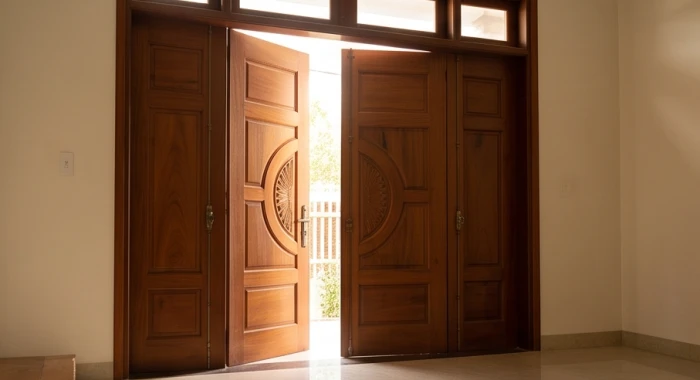 Cánh cửa gỗ truyền thống mở rộng đón ánh sáng ban mai dịu nhẹ từ hướng Nam mang lại sinh khí lành
