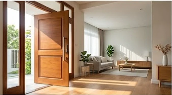 Cánh cửa chính bằng gỗ nguyên khối mở rộng đón luồng sinh khí mạnh mẽ vào phòng khách