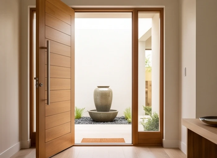 Cửa chính bằng gỗ mở ra không gian ngập tràn ánh sáng tự nhiên phù hợp người mệnh Mộc