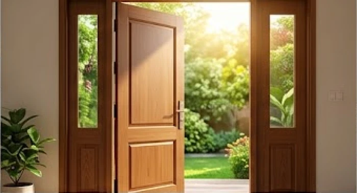 Thiết kế cửa chính bằng gỗ tự nhiên mở ra không gian vườn ngập nắng