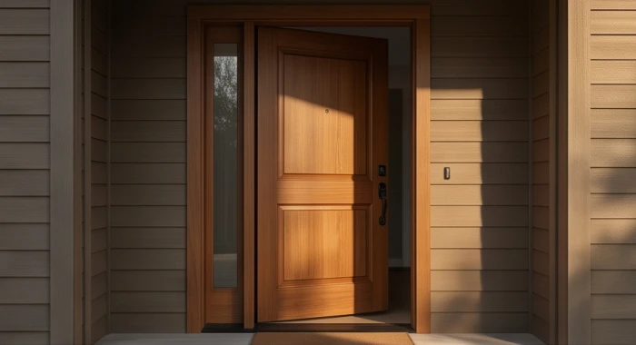 Cánh cửa chính bằng gỗ đóng kín để hạn chế luồng khí xấu từ hướng Tuyệt Mệnh đi vào nhà