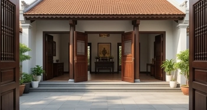Khoảng sân trước nhà rộng rãi và sạch sẽ giúp luồng sinh khí dễ dàng lưu thông qua cửa chính.