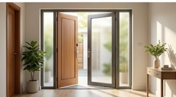 Hệ thống cửa kính cường lực trong suốt được lắp đặt phía sau cánh cửa gỗ chính của ngôi nhà hiện đại.