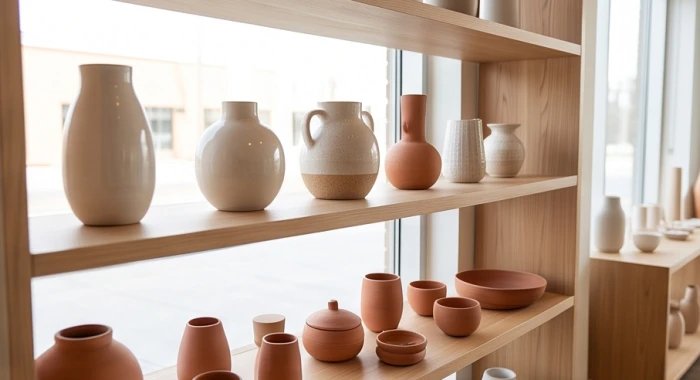 Kệ trưng bày bình gốm sứ và đồ trang trí đất nung thủ công tại showroom nội thất sang trọng