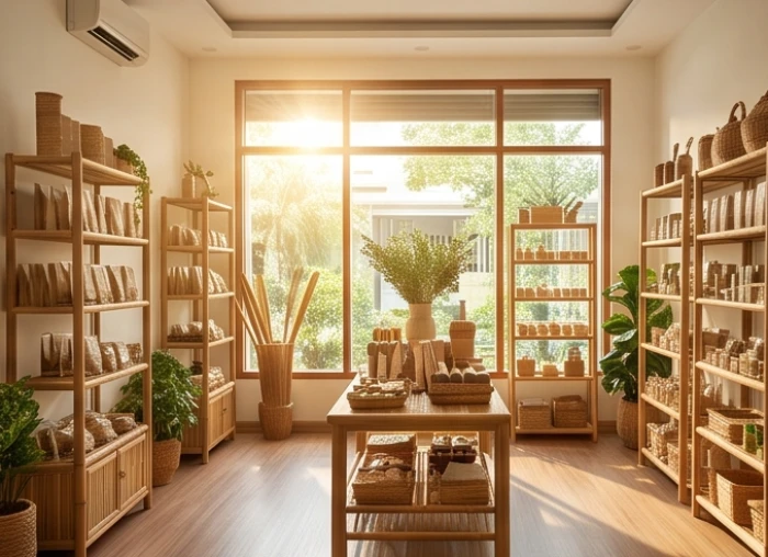Không gian cửa hàng thảo mộc tự nhiên với nội thất tre gỗ ngập tràn ánh sáng mặt trời hướng Đông