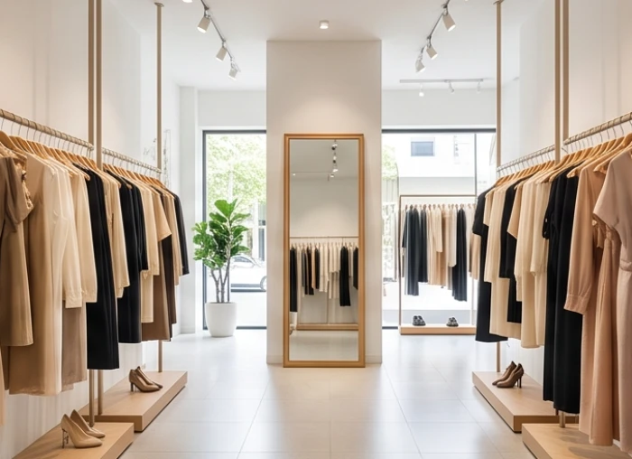 Khu vực trưng bày quần áo thời trang nữ với khoảng cách lối đi rộng rãi và gương tràn viền