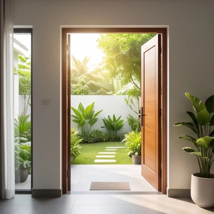 Cửa phụ nhỏ bên hông nhà được mở rộng để đón ánh nắng ban mai và sinh khí trong lành