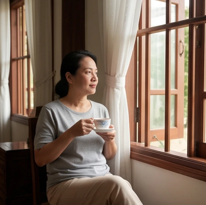 Người tuổi Tuất đàm đạo thong thả bên trà ấm tại phòng khách yên tĩnh để giữ tâm trí bình thản trước cục diện Tương Hình