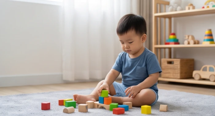 Bé trai mầm non vui chơi trong phòng ngủ gọn gàng với tông màu xám trắng hợp cung Càn hành Kim của tuổi Tân Sửu 2021