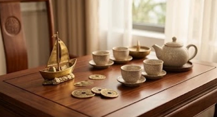 Bàn trà phòng khách bài trí vật phẩm phong thủy hành Kim cho nam mạng Bính Thìn 1976