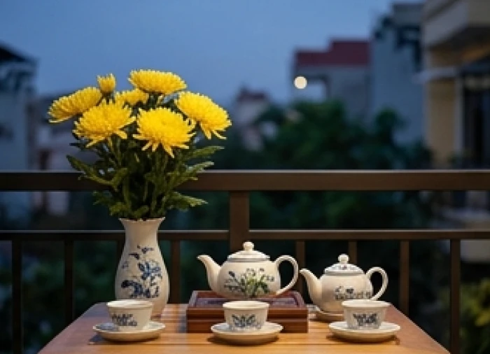 Mâm lễ hoa quả sạch và trà hương chuẩn bị chu đáo cho nghi thức dâng sao giải hạn tại sân nhà