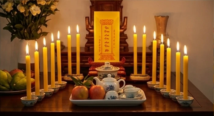 Mâm lễ cúng dâng sao Thái Dương trang trọng với 12 ngọn nến vàng và bài vị đặt hướng Đông trên bàn thờ gia tiên
