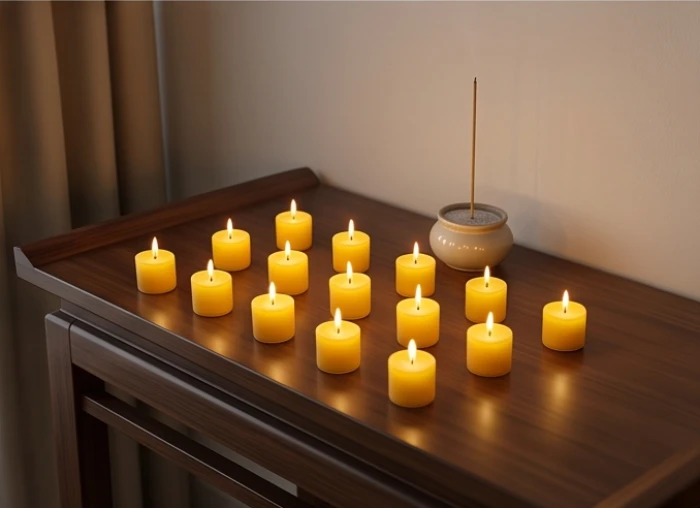 Bàn lễ trang nghiêm bày chín ngọn nến hướng về phương bắc để cúng giải hạn sao la hầu cho nam mạng 1963