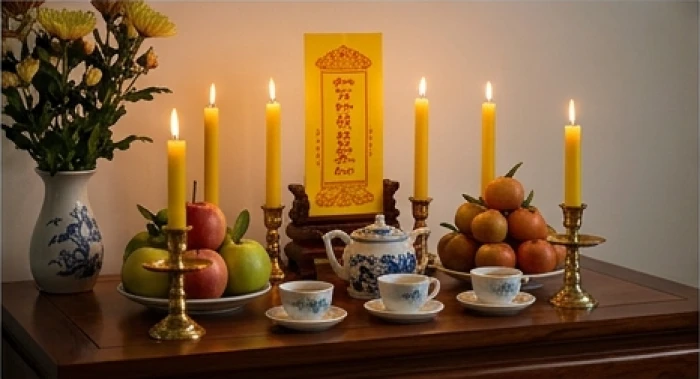 Mâm cúng giải hạn sao Thổ Tú với bài vị màu vàng trang trọng cùng năm ngọn đèn được bày biện gọn gàng