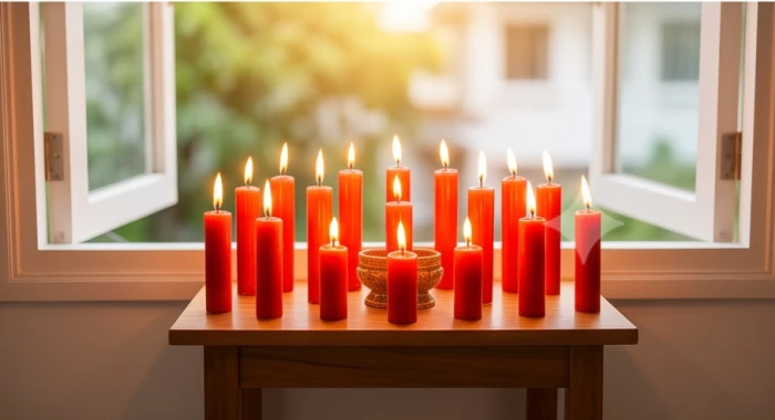 Sắp xếp mười lăm ngọn nến sáng rực trên bàn cúng quay về hướng Nam để thực hiện nghi thức giải hạn