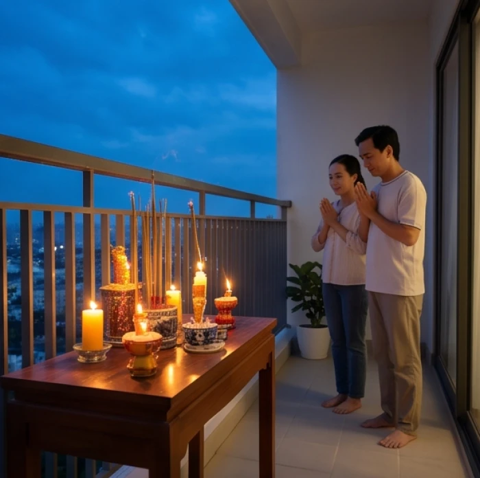 Bố mẹ thành tâm làm lễ cúng ban đêm với ánh nến lung linh trên ban công thoáng mát để cầu bình an cho con