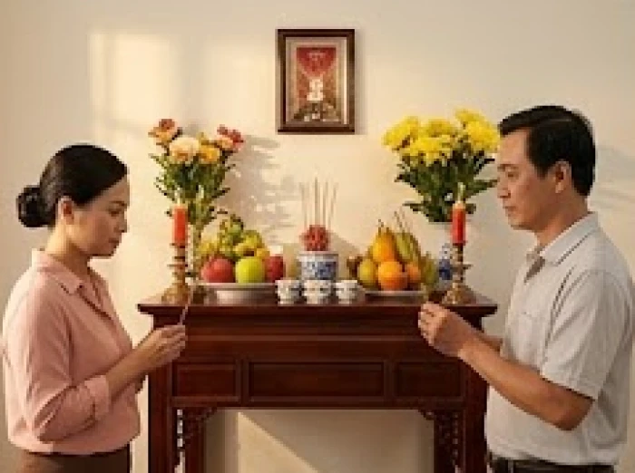 Cha mẹ dâng hương trên bàn thờ gia tiên làm lễ cúng giải hạn Toán Tận cầu bình an cho con trai