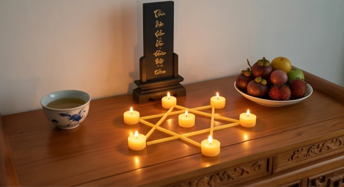 Mâm cúng sao thủy diệu gồm 7 ngọn nến sáng và bài vị màu đen đặt hướng chính bắc cho nam mạng canh tuất