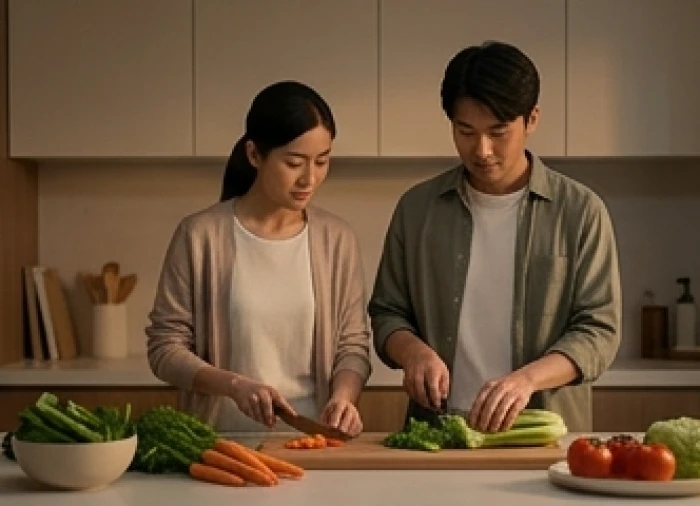 Hai người lặng lẽ cùng nhau nhặt rau và chuẩn bị bữa ăn tại gian bếp gia đình êm đềm
