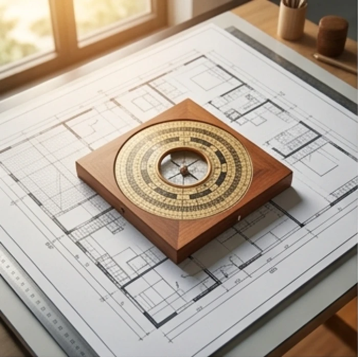 Sơ đồ la bàn bát trạch phong thủy đặt trên bản vẽ mặt bằng nhà giúp xác định chính xác phương vị