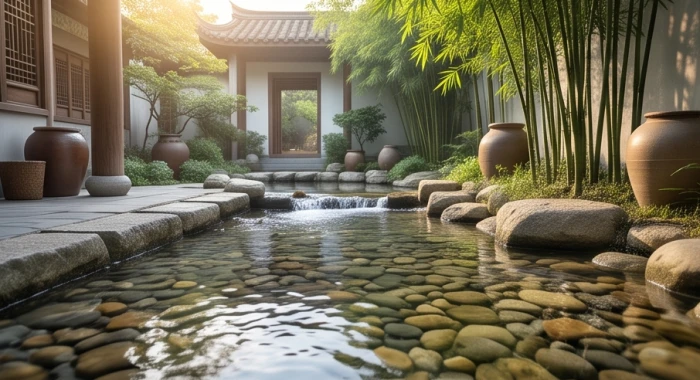 Khung cảnh suối nước trong lành róc rách giữa khu vườn thanh tịnh biểu trưng cho nạp âm Tuyền Trung Thủy cung Cấn Thổ