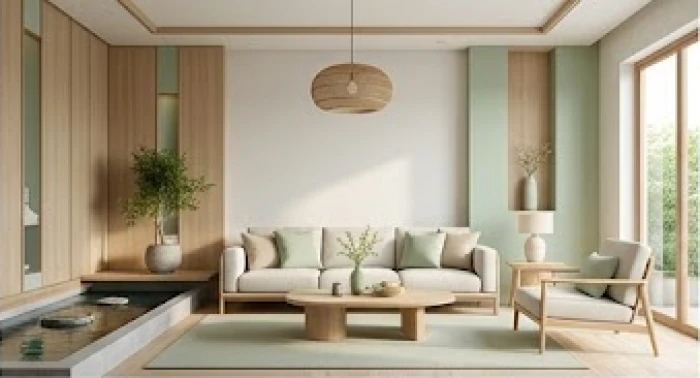 Bố trí nội thất phòng khách theo nguyên lý ngũ hành mộc và thủy với màu xanh lá và vật liệu tự nhiên
