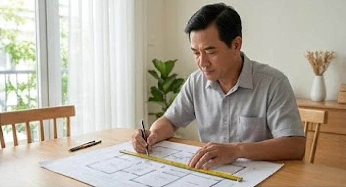 Người đàn ông trung niên đang xem xét bản vẽ mặt bằng nhà và đối chiếu với bảng cung mệnh