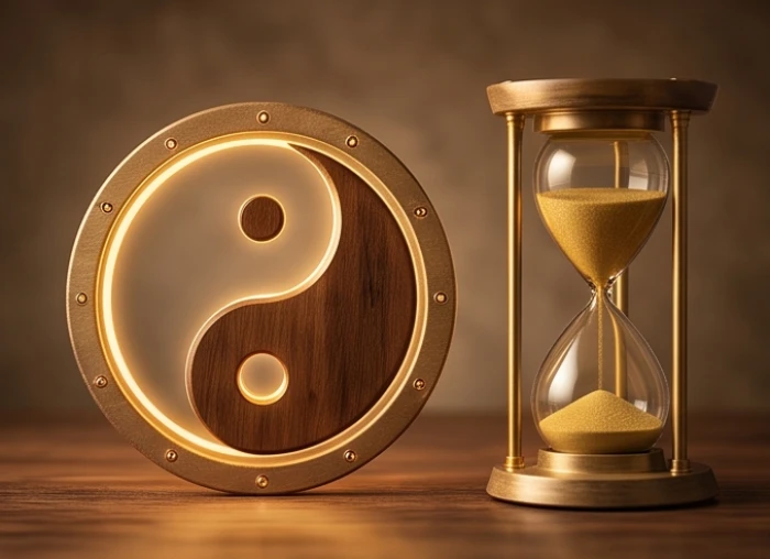 Biểu tượng âm dương ngũ hành tỏa sáng bên cạnh chiếc đồng hồ cát đang chảy tượng trưng cho giờ sinh