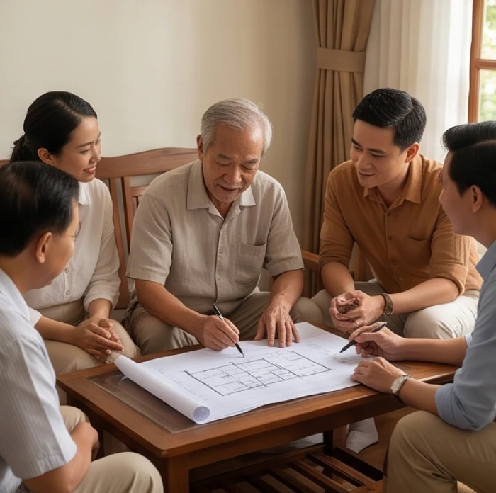 Bản vẽ sửa chữa nhà cửa được trải trên bàn để cả gia đình cùng nhau bàn bạc và thống nhất ý kiến